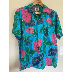 Blue Green Pink Purple Floral Vintage Sun Fashions Hawaii Aloha Vacation Shirt